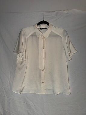 Zara Cream Tie-Neck Flutter Sleeve Blouse